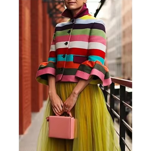 Jackets & Blazers - Autumn Fashion Jackets for Women Colorful Striped Lapel Collar Flared Sleeve